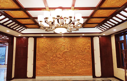 鄂城中式别墅客厅中式木作横梁吊顶装饰展示